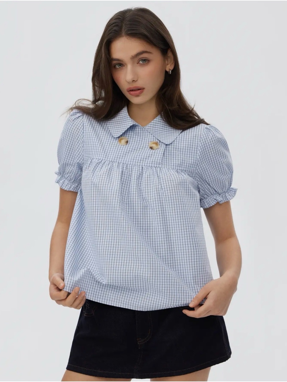 Cider Blue Gingham Puff Sleeve Button-Accent Top